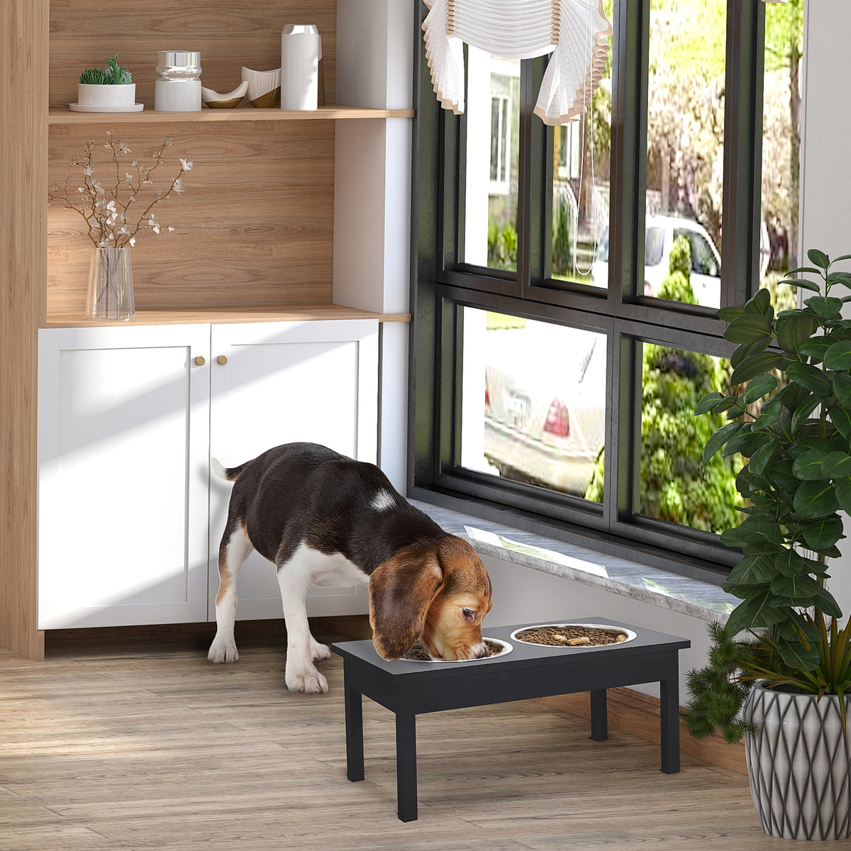 Comedero Elevado de Madera 23" para Perros, Resistente, Color Negro