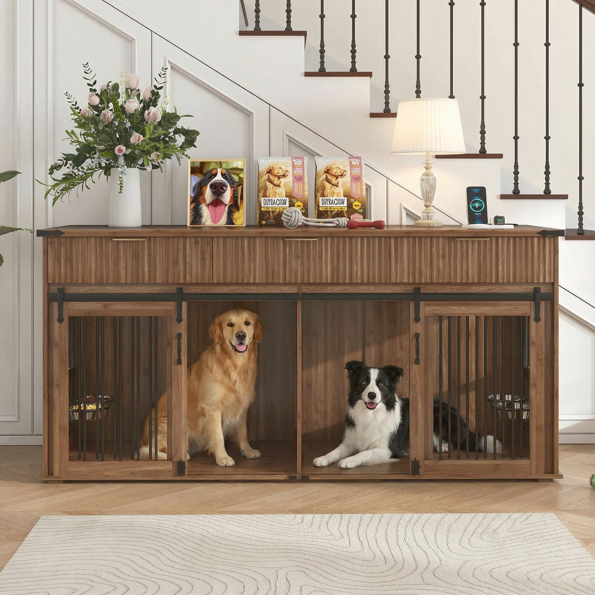 Jaula Doble para Perros 71" Estilo Mueble con Cajones y Tablero Nogal