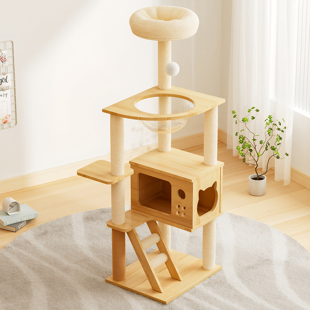 Torre para Gatos Moderna 48.8" de Madera con Hamaca de Acrílico