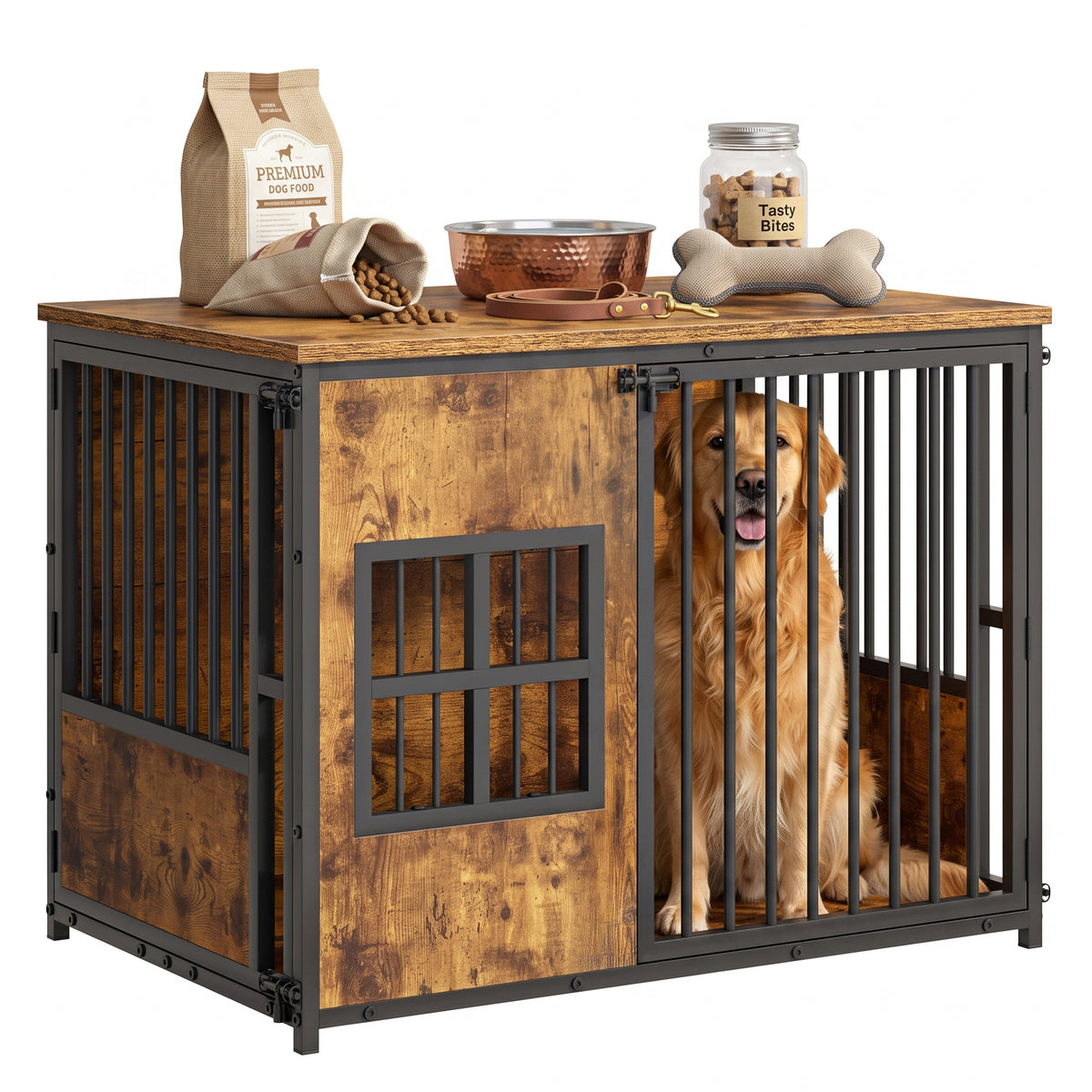 Jaula de Madera para Perro Grande con Mueble y Almacenamiento Superior