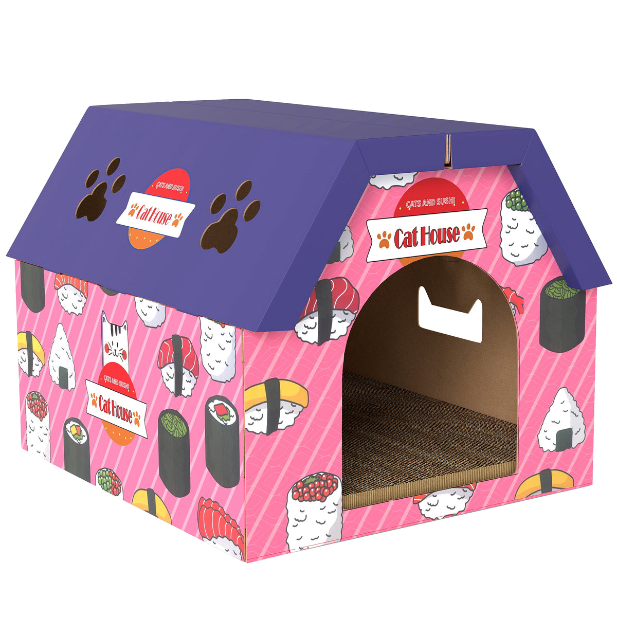 PawHut Rascador y Casita 2 en 1 para Gatos, Cartón, Rosa